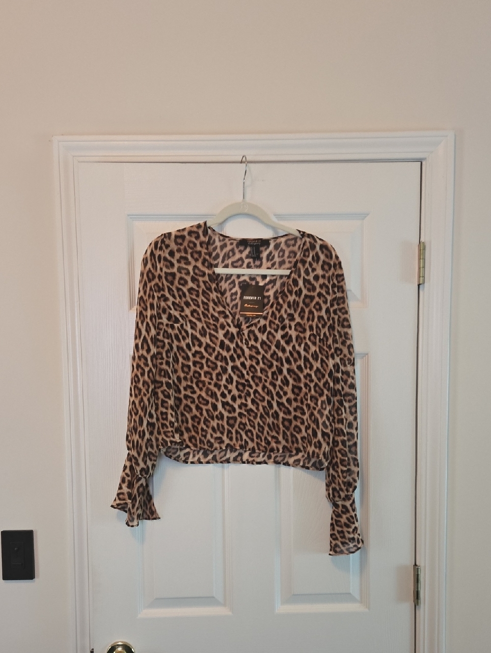Forever 21 Taupe and Black Leopard Print V-Neck Blouse